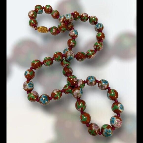 Jewelry - CHINESE EXPORT CLOISONNÉ ANTIQUE NECKLACE LARGE BEADS FLORAL DESIGN RED ENAMEL